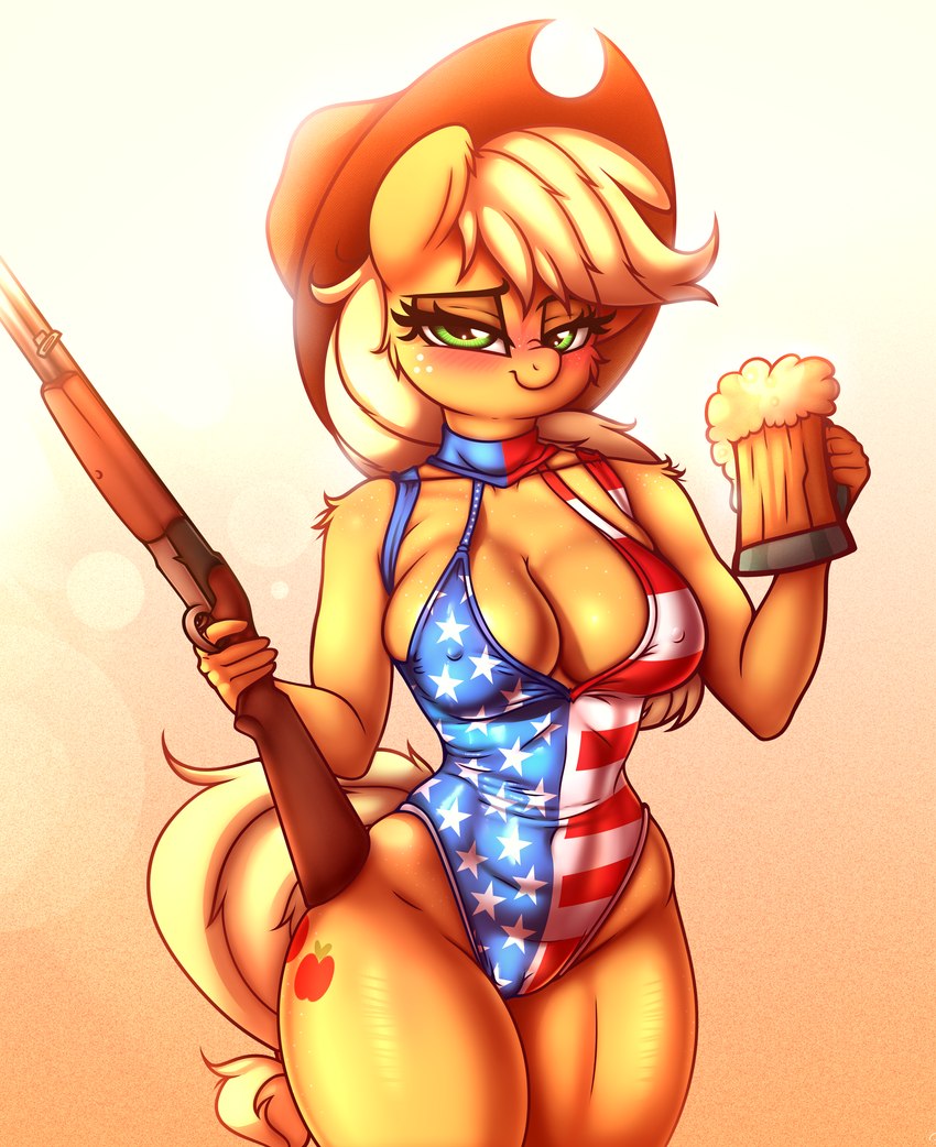 alcohol american_flag anthro anthrofied arm_tuft beer beverage blonde_hair breasts cleavage clothed clothing container cowboy_hat cup female flag_swimwear freckles green_eyes gun hair hat headgear headwear holding_gun holding_object holding_ranged_weapon holding_shotgun holding_weapon looking_at_viewer mug nipple_outline one-piece_swimsuit ranged_weapon shotgun shoulder_tuft solo swimwear tuft united_states_of_america weapon heavymetalbronyyeah friendship_is_magic hasbro my_little_pony applejack_(mlp) equid equine horse mammal pony absurd_res hi_res