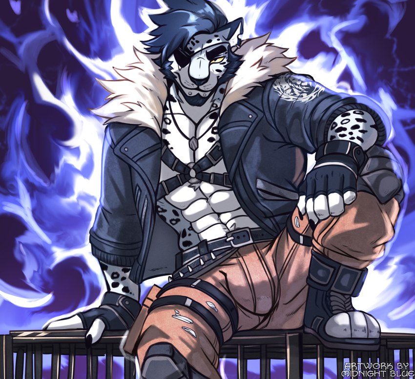 anthro bulge cage clothed clothing dominant dominant_male eye_patch eyewear fur harness jacket leering looking_at_viewer looking_down looking_down_at_viewer male mercenary muscular muscular_anthro muscular_male piercing sitting smuggler solo text topwear midnight_blue felid mammal pantherine snow_leopard absurd_res english_text hi_res