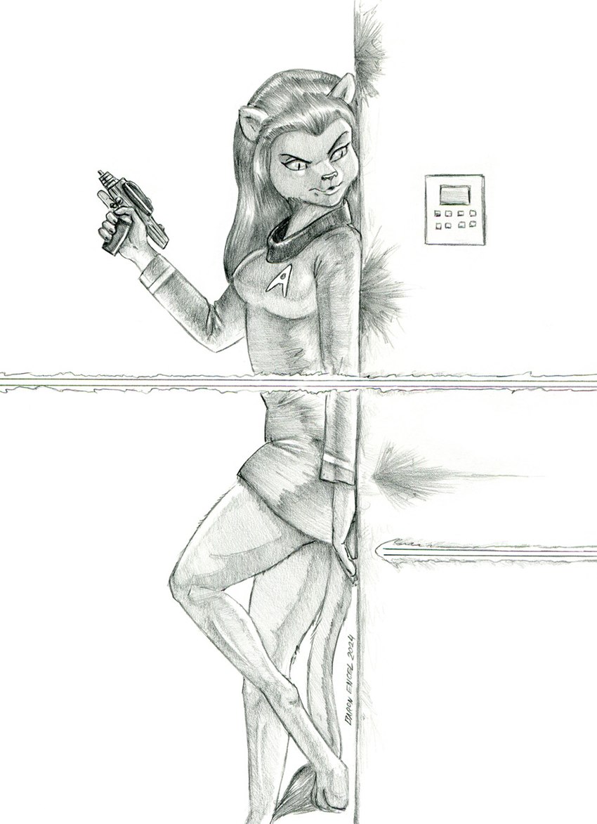 5_fingers against_surface against_wall anthro barefoot breasts clothed clothed_anthro clothed_female clothing digitigrade dress eyebrows feet female female_anthro fingers hair holding_object holding_ranged_weapon holding_weapon laser_gun leaning_on_wall long_hair phaser pupils ranged_weapon side_view slit_pupils solo starfleet_uniform tail tail_tuft toes tuft weapon baron_engel star_trek star_trek_the_animated_series m'ress caitian felid mammal 2024 artist_name dated graphite_(artwork) greyscale hi_res monochrome traditional_media_(artwork)