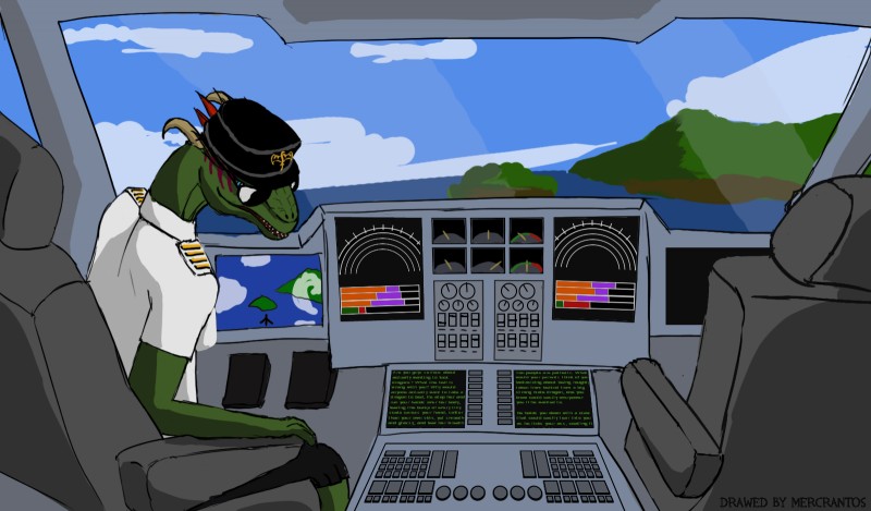 aircraft airplane anthro blue_eyes breasts clothing cockpit feathers female horn inside_airplane looking_at_viewer non-mammal_breasts screen solo uniform vehicle mercrantos microsoft the_elder_scrolls argonian scalie hi_res