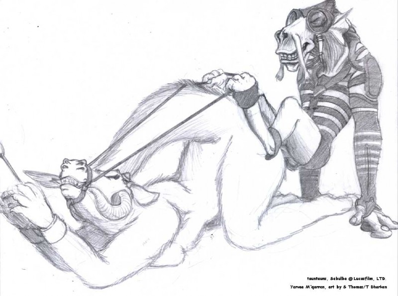 anthro bdsm bondage bound bridle duo female female_penetrated male male/female male_penetrating male_penetrating_female penetration reins sex simple_background tail white_background dharken star_wars sebulba yervaa_m'qarren alien dug_(species) tauntaun