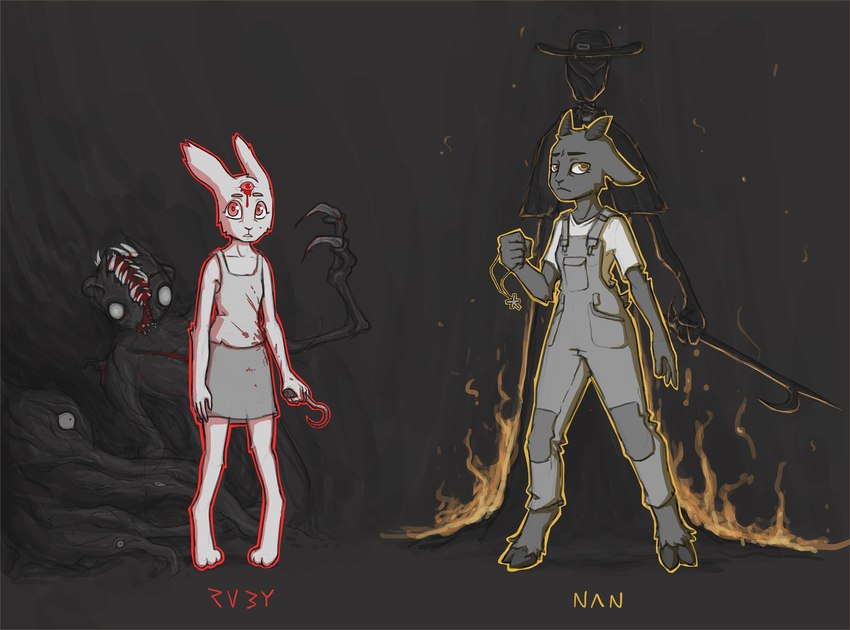 2_horns 3_eyes anthro barefoot blood bodily_fluids bottomwear breasts clothed clothing duo_focus feet female fire fully_clothed fur grey_body grey_fur group holding_jewelry holding_necklace holding_object horn jewelry medium_breasts multi_eye necklace outline red_outline shirt skirt suspenders tank_top topwear white_body white_fur yellow_outline zeeboon nan_quest ruby_quest nan_(nq) ruby_(rq) the_padre_(nq) bovid caprine goat humanoid lagomorph leporid mammal rabbit 2019 cel_shading digital_media_(artwork) hi_res shaded