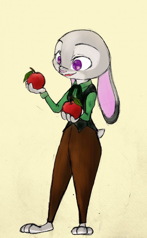 anthro apple clothing female food fruit fur plant purple_eyes simple_background solo white_background marema_kishin disney zootopia judy_hopps lagomorph leporid mammal rabbit 2017 hi_res