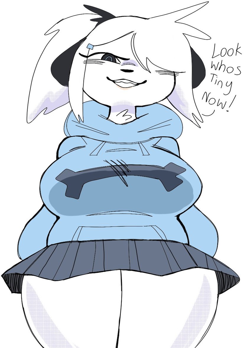 anthro big_breasts black_ears breasts clothed clothing describing_height describing_viewer dialogue female hoodie looming low-angle_view smug solo sweater talking_to_viewer taunting teeth text thick_thighs toothy_grin topwear white_body wide_hips puppkittyfan1 pepper_(puppkittyfan1) canid canine canis domestic_dog mammal digital_media_(artwork) english_text hi_res