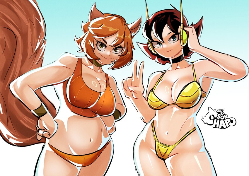 big_breasts bikini black_hair blue_eyes breasts clothing collarbone duo eyebrows eyelashes female gesture glistening glistening_body glistening_breasts glistening_skin green_eyes hair hand_gesture hands_on_hips highlights_(coloring) looking_at_viewer navel orange_bikini orange_clothing orange_hair orange_swimwear red_highlights short_hair smile smiling_at_viewer swimwear two-piece_swimsuit v_sign wristband yellow_bikini yellow_clothing yellow_swimwear sonchapo earth's_mightiest_heroes marvel janet_van_dyne squirrel_girl_(marvel) wasp_(marvel) animal_humanoid human humanoid mammal mammal_humanoid rodent rodent_humanoid sciurid sciurid_humanoid tree_squirrel_humanoid 2025 absurd_res hi_res