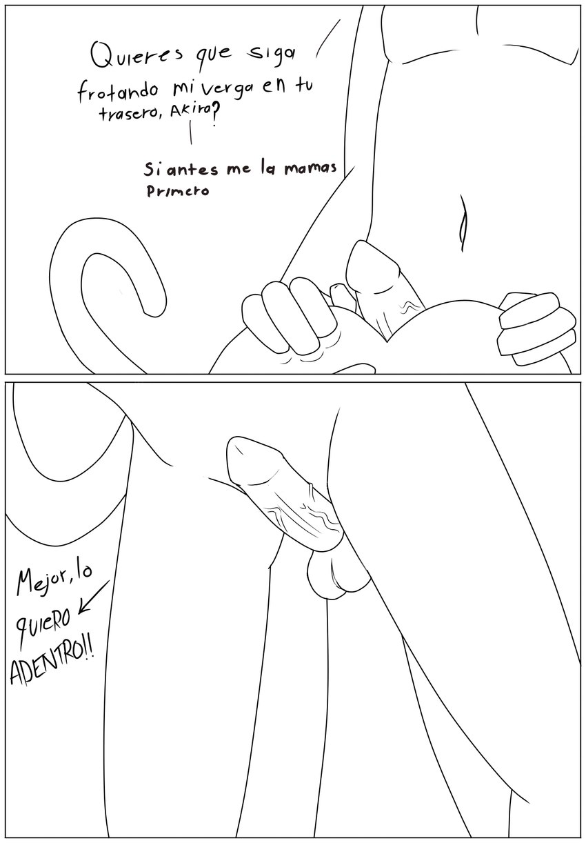 2_panel_comic 4_fingers animal_genitalia animal_penis anthro anthro_on_anthro balls bent_over biped bodily_fluids border butt butt_grab crotch_lines dialogue duo erection female female_anthro fingers front_view fur genital_fluids genitals hair hand_on_another's_butt hand_on_butt holding_butt long_tail low-angle_view male male/female male_anthro navel nude nude_anthro nude_female nude_male penis pussyjob sex simple_background standing tail talking_to_another talking_to_partner text vein veiny_penis white_background white_border macamacrez akira_(macamacrez) kaito_(macamacrez) bear domestic_cat felid feline felis mammal comic digital_drawing_(artwork) digital_media_(artwork) hi_res line_art spanish_text translated