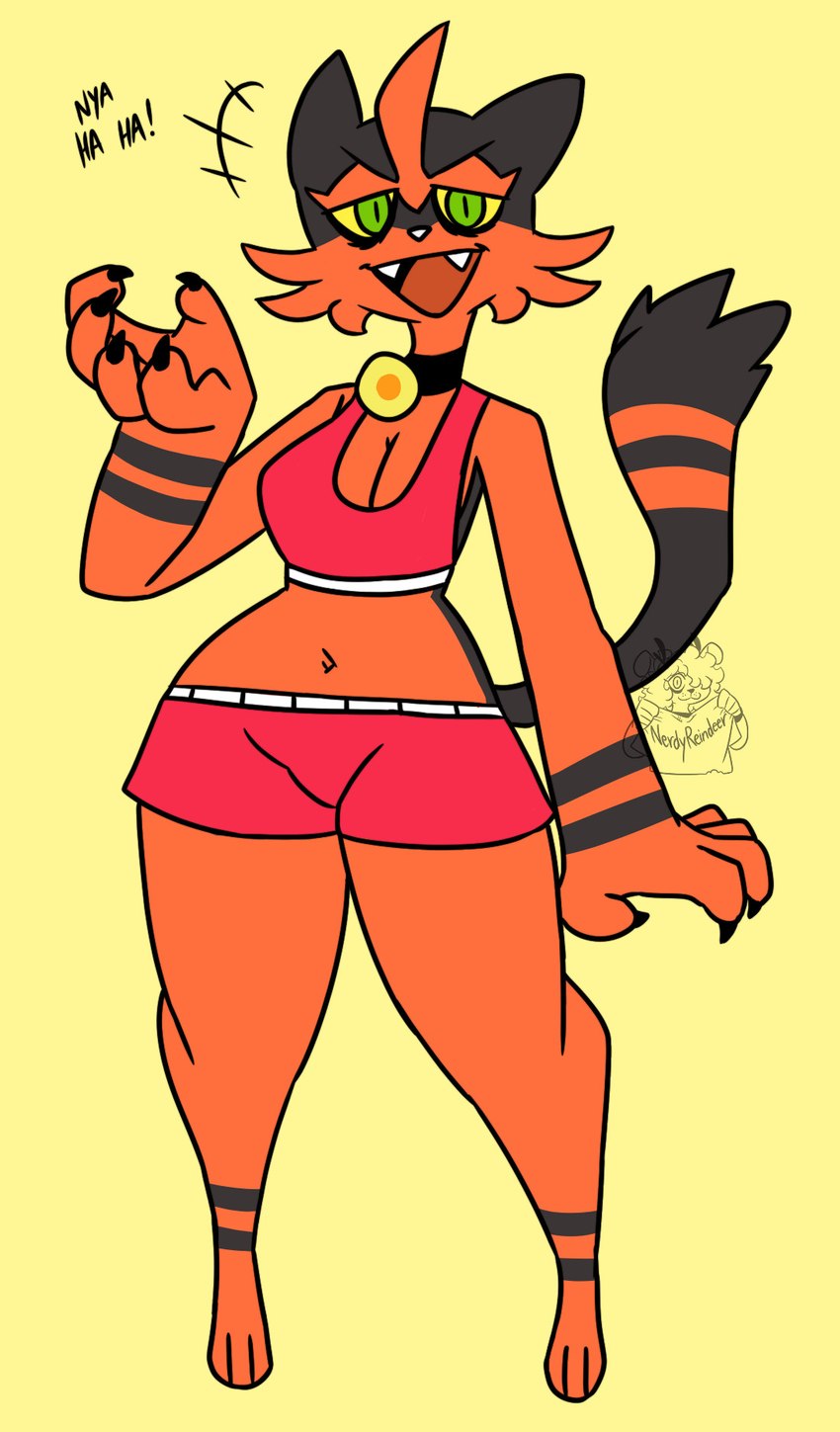 anthro black_body black_fur breasts cleavage clothed clothing emanata fangs female fur green_eyes laugh looking_at_viewer markings navel open_mouth orange_body orange_fur pseudo_clothing simple_background smile solo striped_markings stripes teeth yellow_background nerdyreindeer nintendo pokemon domestic_cat felid feline felis generation_7_pokemon mammal pokemon_(species) torracat 2023 hi_res