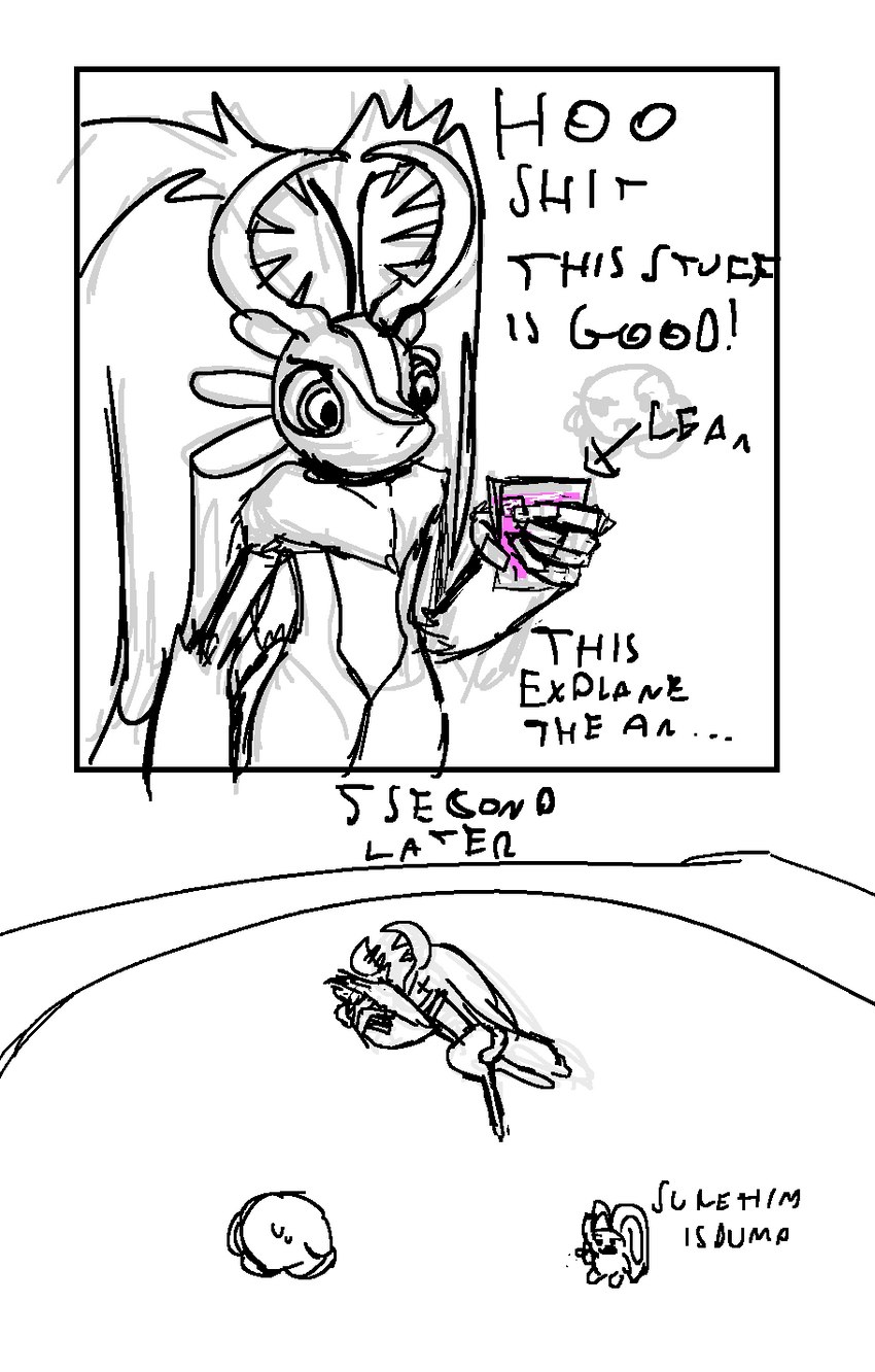 anthro beverage drugs fur group horn lean_(beverage) male text unconscious doc002 kirby_(series) kirby_and_the_forgotten_land nintendo elfilin fecto_elfilis kirby alien black_and_white english_text hi_res monochrome sketch