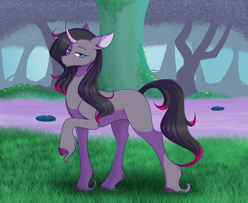 black_hair black_tail blue_eyes cloven_hooves curved_horn female feral fetlocks forest forest_background fur grass grey_body grey_fur hair hooves horn looking_at_viewer nature nature_background plant purple_hooves quadruped raised_hoof solo standing tail tree woodland daikaluff mythology them's_fightin'_herds oleander_(tfh) equid equine mammal mythological_creature mythological_equine unicorn 2018 digital_drawing_(artwork) digital_media_(artwork) full-length_portrait portrait