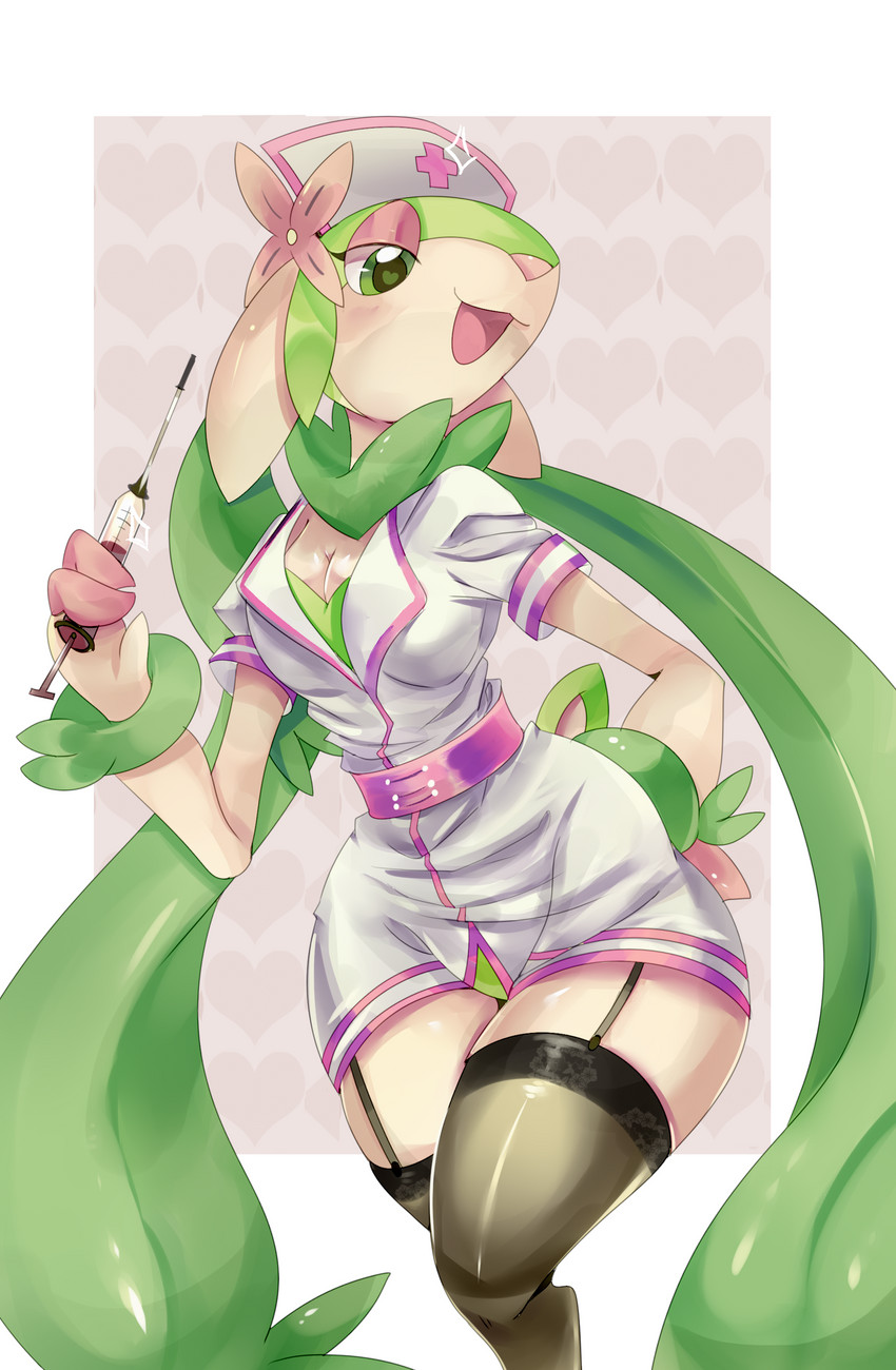 alternative_fashion anthro belt breasts clothed clothing female fingers flower fur green_body green_eyes green_fur head_flower hooved_fingers hooves j-fashion kemono leaf legwear lingerie medical_instrument menhera nurse nurse_clothing nurse_uniform pivoted_ears plant scientific_instrument simple_background smile solo syringe thigh_highs uniform white_body white_fur psibunny fakemon nintendo pokemon fan_character deer faunazon mammal absurd_res digital_media_(artwork) digital_painting_(artwork) hi_res