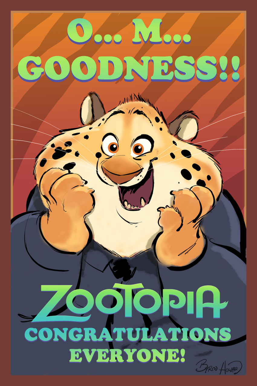 anthro black_spots border brown_border clothed clothing countershading fur male markings open_mouth open_smile smile solo spots spotted_body spotted_fur text yellow_body yellow_fur byron_howard disney zootopia benjamin_clawhauser cheetah felid feline mammal 2016 2:3 absurd_res english_text hi_res official_art signature