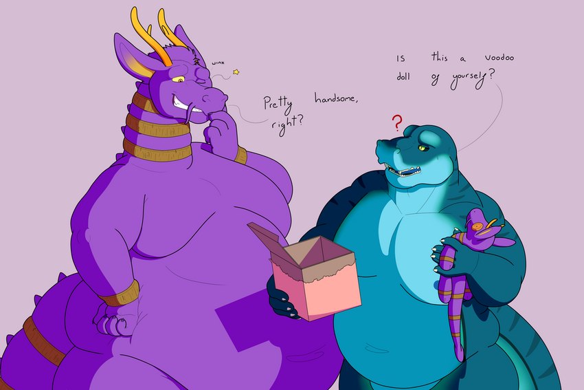 anthro bald belly big_belly big_pecs blue_body body_pattern claws clothing collar confusion countershading cuff_(restraint) dialogue duo food furgonomics glowing glowing_horn grin hair horn male muscular muscular_anthro muscular_male neckwear nipples noodles obese one_eye_closed open_mouth overweight overweight_anthro overweight_male pecs purple_body question_mark restraints simple_background slightly_chubby slightly_chubby_male smile tail tail_clothing tail_cuff teeth text wink wrist_cuffs wristband wristwear yellow_eyes mythology dragomar taboo_dragoo dragon goo_creature lizard mythological_creature mythological_scalie reptile scalie 2022 3:2 digital_drawing_(artwork) digital_media_(artwork) english_text hi_res