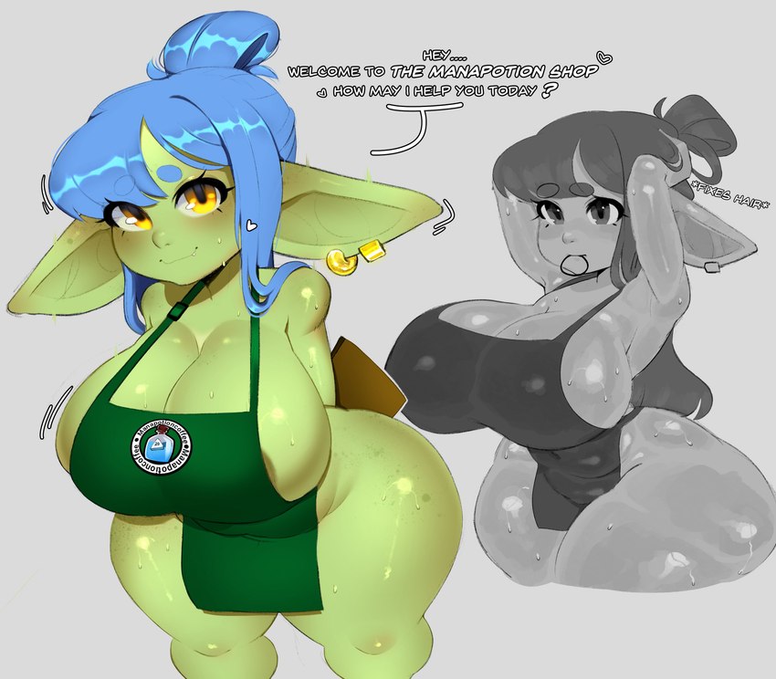 apron apron_only areola big_breasts blue_hair bodily_fluids breasts clothing dialogue ear_piercing ear_ring female green_body green_skin hair huge_breasts piercing ring_piercing short_stack sweat text thick_thighs mishythesheep goblin humanoid absurd_res english_text hi_res