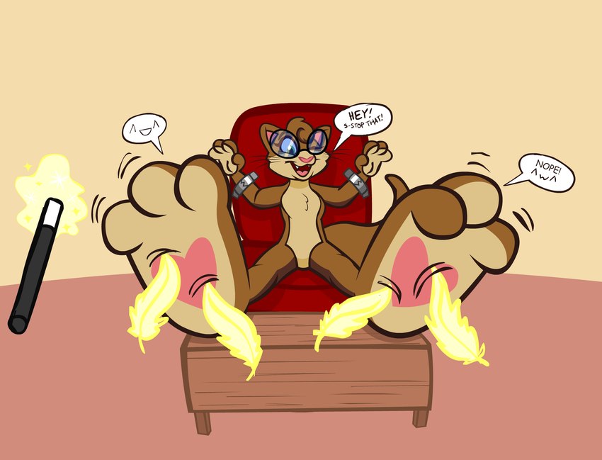 ^_^ arms_tied begging_to_stop big_feet bound breasts brown_body brown_fur chair countershade_feet countershade_fur countershading dialogue eyes_closed eyewear eyewear_only feathers featureless_breasts feet female foot_focus foot_on_table fur furniture glasses glasses_only heart_pawpads huge_feet hyper hyper_feet laugh magic_wand motion_lines nude on_chair pawpads sitting sitting_on_chair smile solo speech_bubble table text tickle_torture tickling tickling_feet wearing_glasses alliepurr alphaws animate_inanimate domestic_cat felid feline felis mammal english_text hi_res