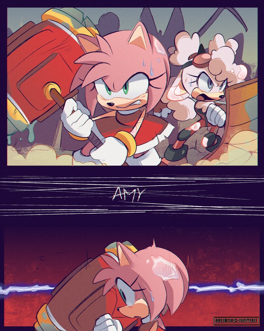 anthro backless_clothing backless_dress bodily_fluids clothed clothing dialogue dress female fur green_eyes group hammer headgear metal_virus pink_body pink_fur red_clothing red_dress sweat tools arsworlds idw_publishing sega sonic_the_hedgehog_(comics) sonic_the_hedgehog_(idw) sonic_the_hedgehog_(series) amy_rose lanolin_the_sheep_(sonic) bovid caprine eulipotyphlan hedgehog mammal sheep zombot comic hi_res