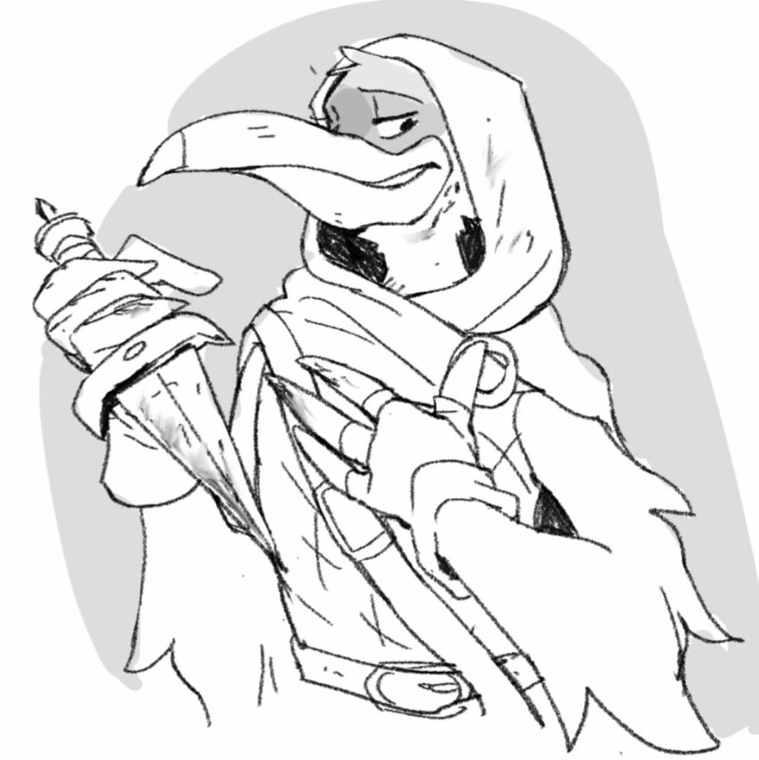 anthro beak blood bodily_fluids clothed clothing gloves handwear hood knife looking_at_viewer male solo weapon crystaltaco7 foretales volepain_(foretales) avian bird stork monochrome