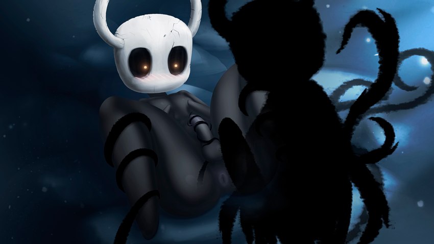 anthro anus back_tentacles balls big_penis black_body blush cracked cracks duo embarrassed erection genitals glowing glowing_eyes horn lying male male/male nude on_back penis spread_legs spreading tentacles tentacles_around_legs lazyisopod hollow_knight team_cherry shade_(hollow_knight) the_knight_(hollow_knight) animal_humanoid arthropod arthropod_humanoid humanoid insect shadow_creature 16:9 absurd_res hi_res widescreen