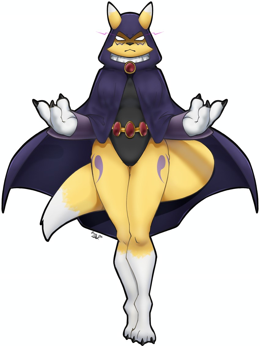 anthro black_cloak black_clothing cloak clothed clothing cosplay crossover_cosplay female fur one_piece_suit solo yellow_body yellow_fur rizal_ok bandai_namco dc_comics digimon raven_(dc) canid canine digimon_(species) fox mammal renamon absurd_res crossover hi_res