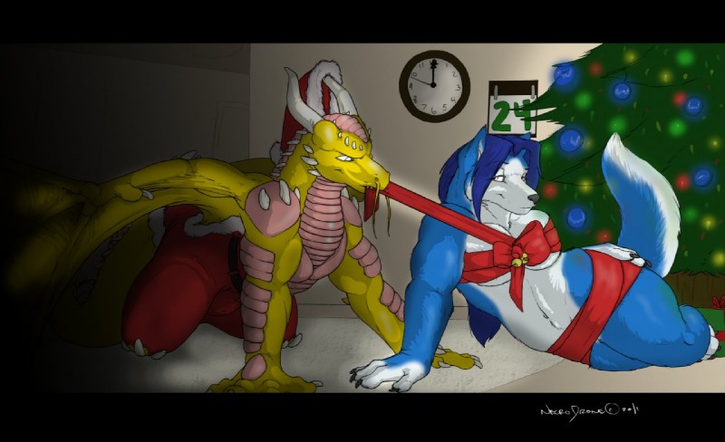 anthro biceps breasts clock duo female holidays horn lights male muscular muscular_female plant ribbons sirdan87 tail thick_thighs tree wood necrodrone christmas mythology hopey canid canine canis dragon mammal mythological_creature mythological_scalie scalie wolf 2011 signature