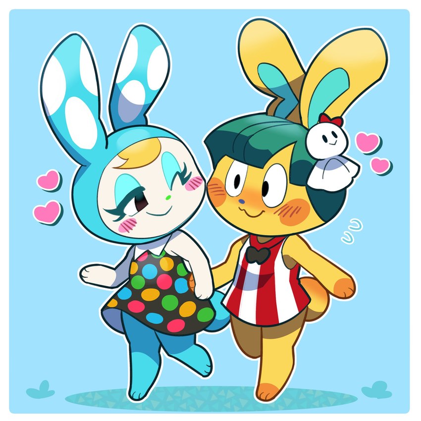 anthro blonde_hair blush clothed clothing dress duo female fur green_hair hair hand_holding heart_symbol male mod_fashion shift_dress simple_background smile white_body white_fur yellow_body yellow_fur loveycloud animal_crossing nintendo sanrio francine_(animal_crossing) toby_(animal_crossing) lagomorph leporid mammal rabbit 1:1 digital_media_(artwork) hi_res