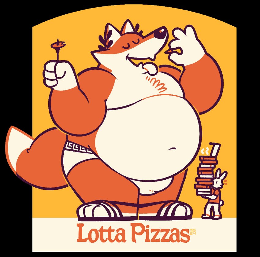 anthro belly big_belly clothing container duo eyes_closed food footwear male orange_body overweight overweight_male parody pizza pizza_box sandals shoes toony underwear greenendorf little_caesars canid canine fox lagomorph leporid mammal rabbit 2024 alpha_channel