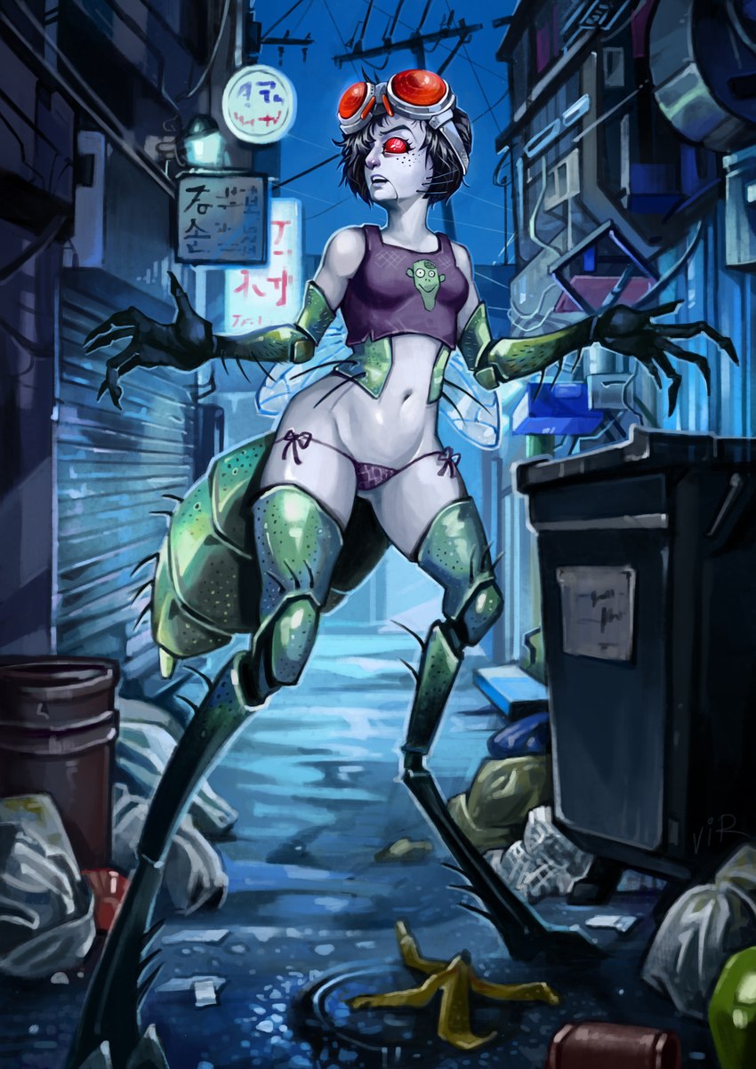 alley anthro arthropod_abdomen black_hair claws clothed clothing digitigrade exoskeleton eyewear female goggles hair insect_wings navel pale_skin panties red_eyes shirt solo tank_top topwear underwear wings virlandil animal_humanoid arthropod arthropod_humanoid blow_fly bottle_fly fly_(animal) fly_humanoid green_bottle_fly humanoid insect insect_humanoid absurd_res hi_res