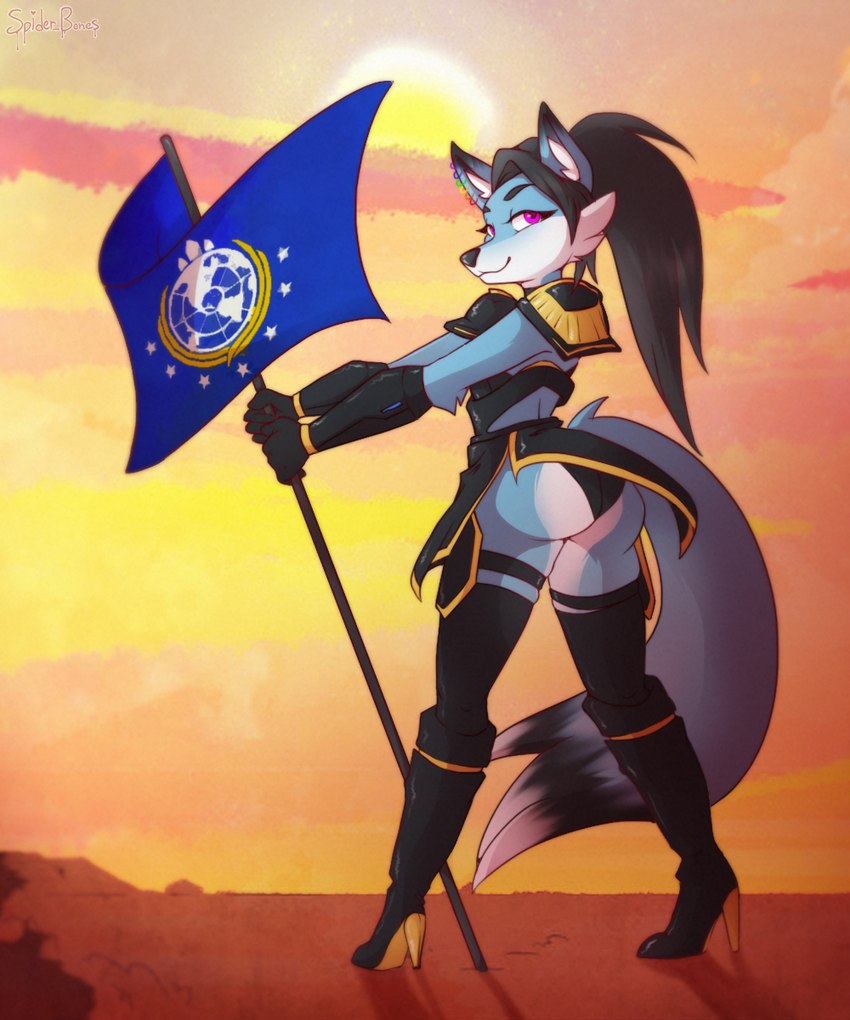 accessory anthro armor biped black_hair blue_body blue_fur boots butt cheek_tuft clothed clothing cloud countershade_butt countershade_face countershade_fur countershading ear_piercing ear_ring eyebrows eyelashes facial_tuft female female_anthro fictional_flag flag flag_(object) footwear fur gloves hair handwear high_heeled_boots high_heels holding_flag holding_object inner_ear_fluff lgbt_pride long_hair looking_at_viewer looking_back looking_back_at_viewer multicolored_accessory outside piercing pink_eyes ponytail pride_color_accessory pride_color_piercing pride_colors rainbow_piercings rainbow_pride_colors rainbow_symbol rear_view ring_piercing shoes six-stripe_rainbow_pride_colors solo sunset tuft white_body white_fur white_inner_ear_fluff spider_bones helldivers ashley_(ashleyboi) canid canine fox mammal 5:6 digital_media_(artwork) hi_res shaded male_(lore)