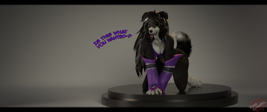 all_fours anthro biped bottomwear breast_tattoo breasts clothed clothing female gloves hair handwear kneeling looking_at_viewer open_mouth simple_background smile solo tail tattoo text tongue topwear rosecreates bandai_namco digimon rosa_bursyoji border_collie canid canine canis collie domestic_dog herding_dog mammal pastoral_dog sheepdog 3d_(artwork) absurd_res blender_(artwork) digital_media_(artwork) hi_res