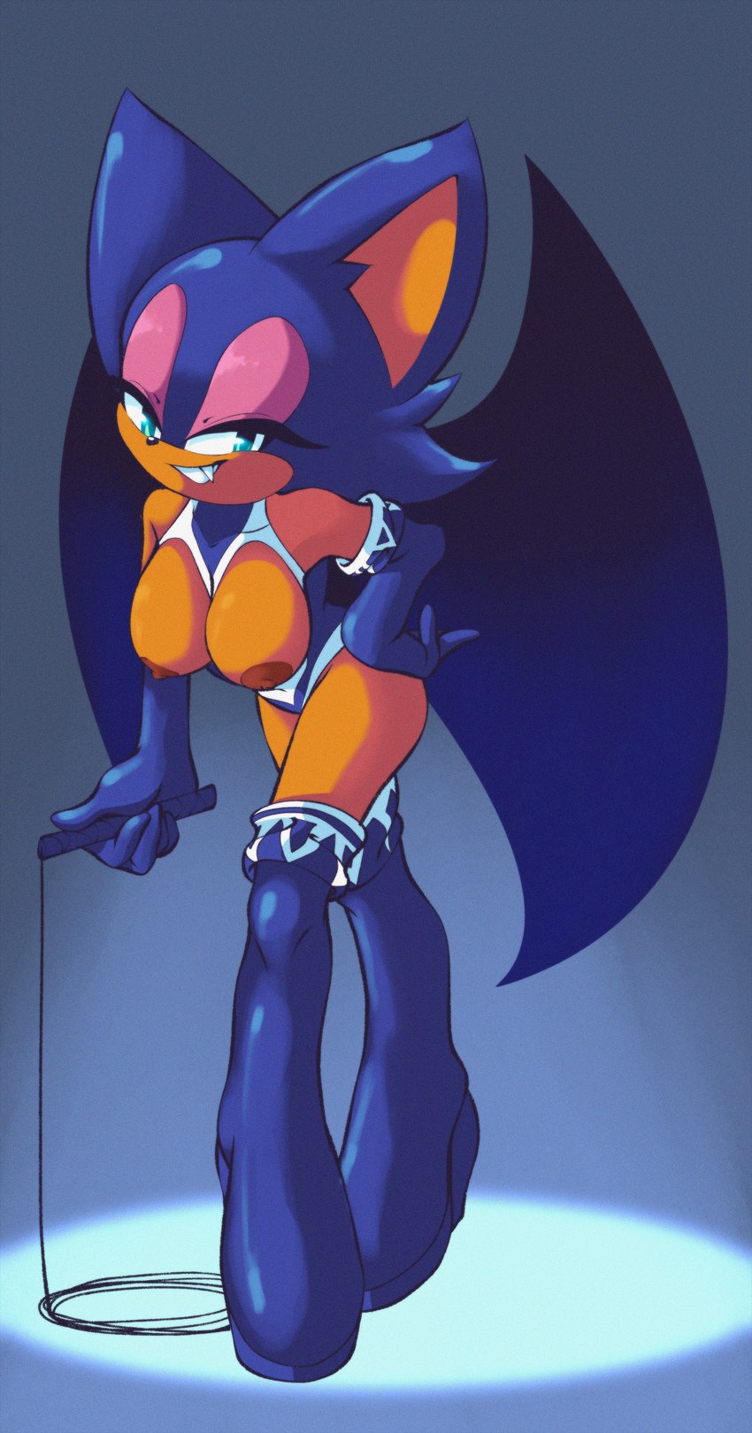 anthro bedroom_eyes bent_over big_breasts breastless_leotard breasts cute_fangs dark_nipples dominatrix exposed_breasts fangs female green_eyes half-closed_eyes looking_at_viewer narrowed_eyes pose presenting presenting_breasts seductive smile smiling_at_viewer solo teeth whip nanobutts sega sonic_the_hedgehog_(series) rouge_the_bat rouge_the_bat_(dominatrix) bat mammal absurd_res hi_res pinup