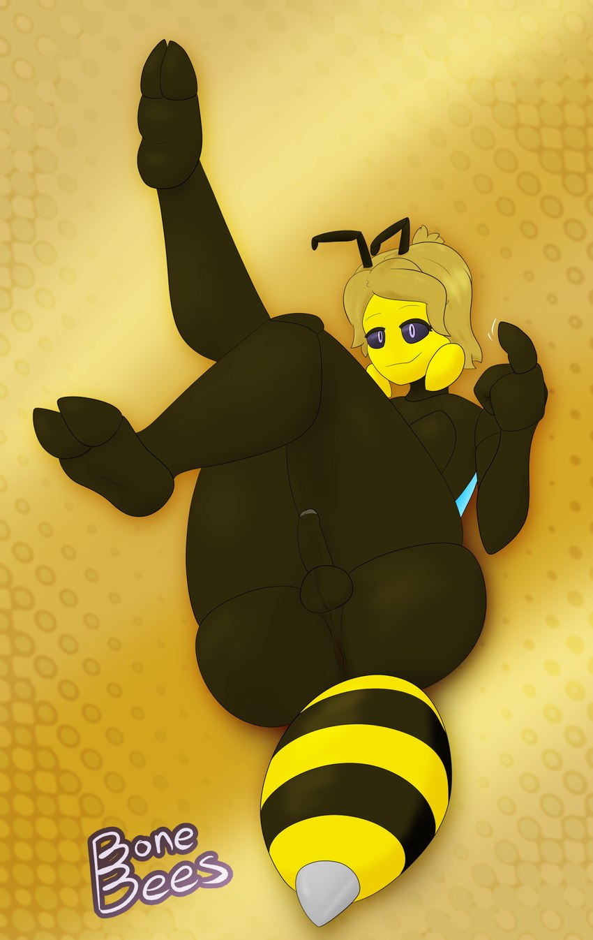 2_toes 3_fingers antennae_(anatomy) anthro anus balls beckoning bedroom_eyes big_butt blonde_hair brown_body butt exoskeleton feet femboy fingers genitals gesture hair insect_wings knock-kneed legs_up looking_at_viewer lying male mandibles narrowed_eyes on_back penis perineum pose seductive smile solo stinger stripes text thick_thighs thorax toes wings yellow_face bonebees adrian_(bonebees) arthropod bee hymenopteran insect 2025 artist_name digital_drawing_(artwork) digital_media_(artwork) hi_res pinup