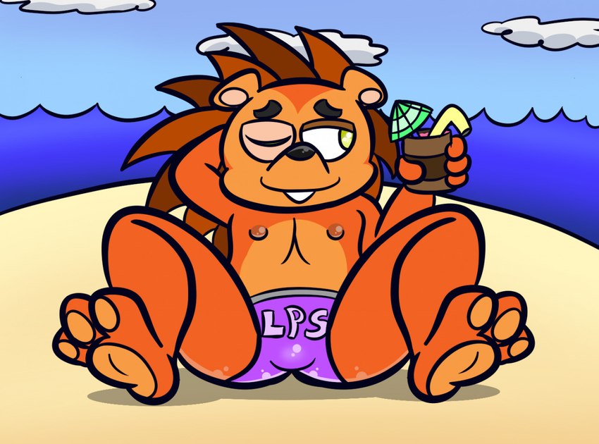 anthro beach beverage black_nose clothed clothing cloud container cup feet fur green_eyes hand_behind_head holding_container holding_cup holding_object male nipples one_eye_closed orange_body orange_fur orange_pawpads pawpads seaside sitting sky smile solo speedo spread_legs spreading swimwear toes toony topless topless_male water kaokao hasbro littlest_pet_shop littlest_pet_shop_(2012) russell_ferguson eulipotyphlan hedgehog mammal 2021