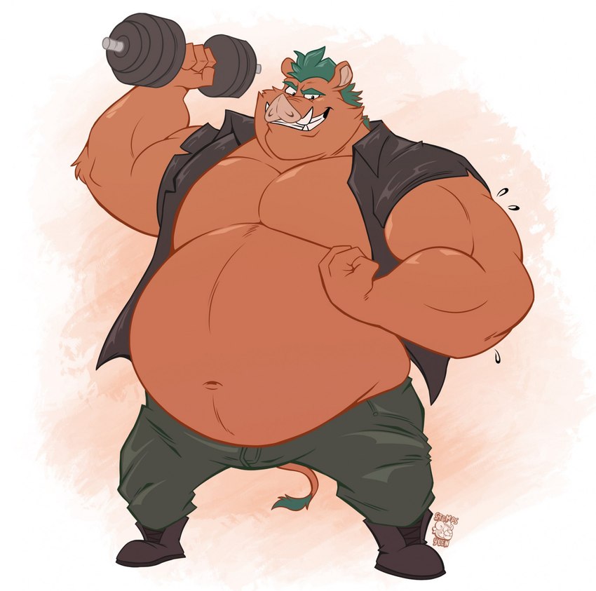 anthro belly big_belly big_muscles boots bottomwear brown_body clothed clothing dumbbell flexing footwear green_hair grin hair jacket male musclegut muscular muscular_anthro muscular_male navel open_clothing open_jacket open_topwear overweight overweight_anthro overweight_male pants shoes simple_background smile solo topwear tusks weights stompsyeen captain_spike_(jim55) mammal suid suine sus_(pig) wild_boar 2021 hi_res