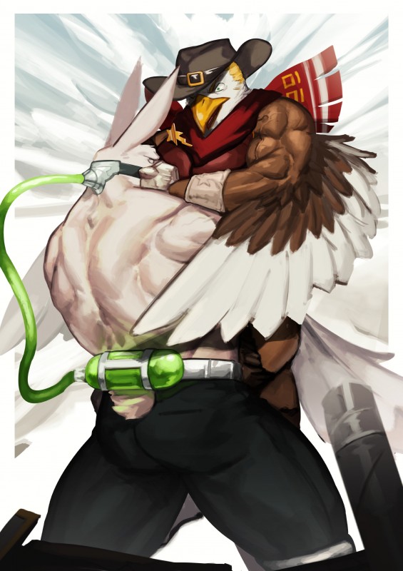 alternate_species back_muscles beak bear_hug biceps big_muscles bottomwear brown_body brown_feathers clothed clothing cowboy cowboy_hat duo feathers fight fur hat headgear headwear male mask multicolored_body multicolored_feathers muscular muscular_male scarf topless two_tone_body two_tone_feathers vein veiny_muscles white_body white_feathers white_fur traver009 dc_comics lifewonders tokyo_afterschool_summoners bane_(dc) thunderbird_(tas) accipitrid accipitriform avian bird eagle lagomorph leporid mammal rabbit 2019 absurd_res hi_res