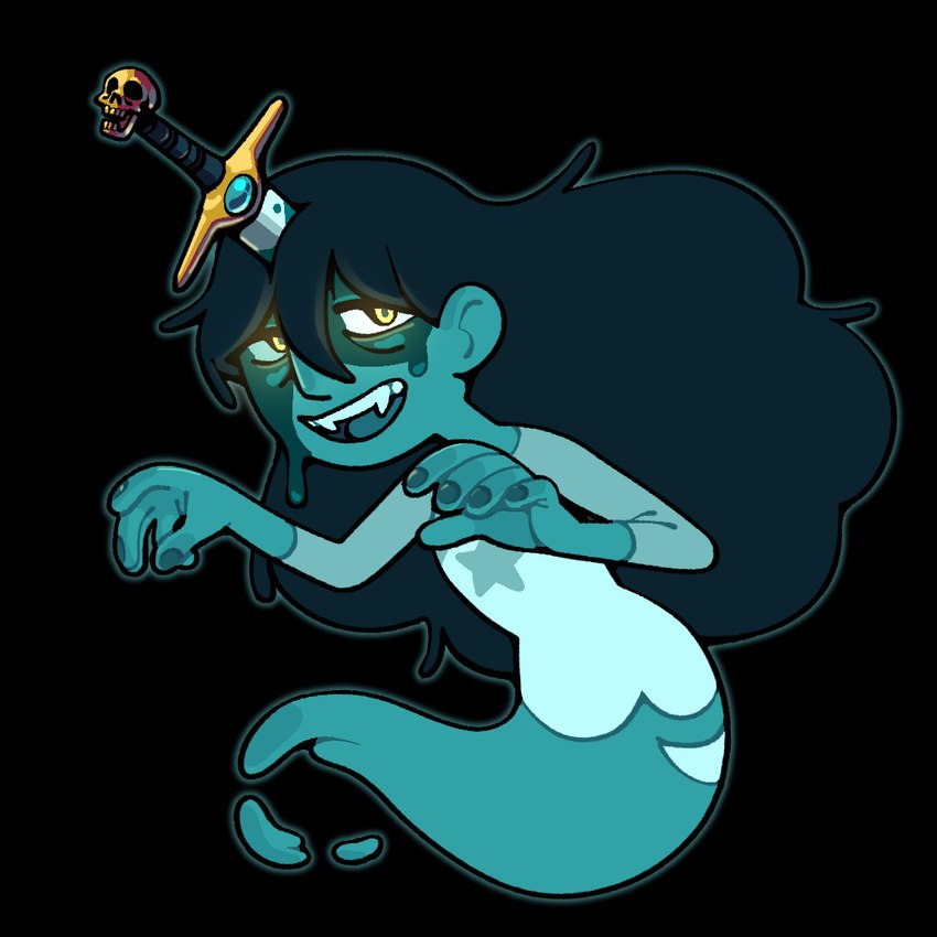 5_fingers alternate_species black_hair blood bodily_fluids bone clothing fangs female fingernails fingers glowing glowing_eyes hair legless long_hair melee_weapon nails not_furry shirt skull solo sword sword_in_head teeth topwear weapon discount-supervillain cartoon_network steven_universe connie_maheswaran ghost humanoid spirit