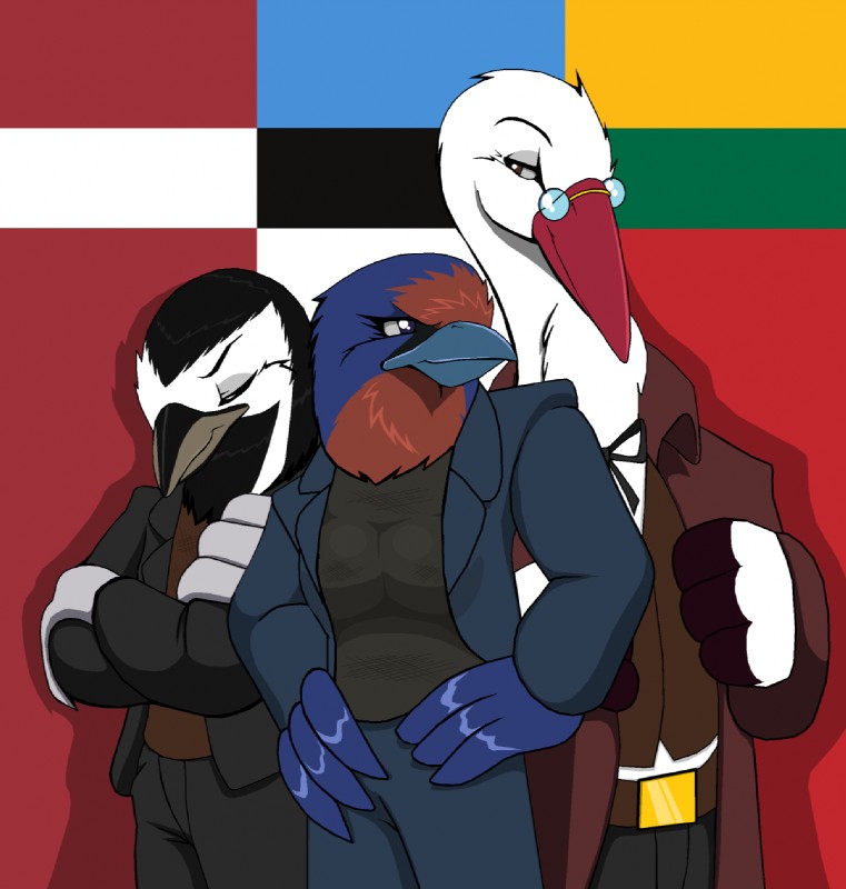 anthro beak breasts clothed clothing estonia estonian_flag eyewear feathers female glasses group latvia latvian_flag lithuania lithuanian_flag male non-mammal_breasts parody world_war world_war_2 droll3 commander gabriels_(droll3) karolina_(droll3) paulius_(droll3) avian bird hirundinid motacillid oscine passerine stork swallow_(bird) wagtail white_wagtail hi_res