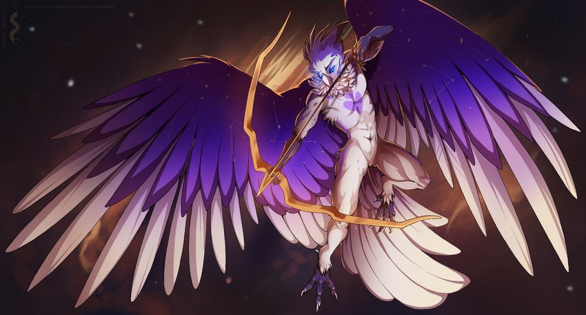 3_toes 4_toes action_pose anisodactyl anthro arrow_(weapon) beak blue_sclera bow_(weapon) claws constellation_markings cosmic_background feathered_wings feathers featureless_chest featureless_crotch feet male markings navel no_pupils non-mammal_navel nude pose purple_body purple_feathers ranged_weapon solo spread_wings star_(marking) toes weapon white_body white_claws white_feathers wings psychobirb hi_res