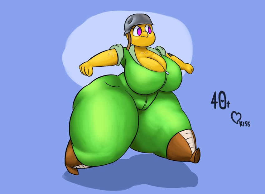 anthro armor big_breasts breasts clothing female headgear helmet purple_eyes solo suit thick_thighs yellow_body jovi_cap gravelin lizard reptile scalie hi_res