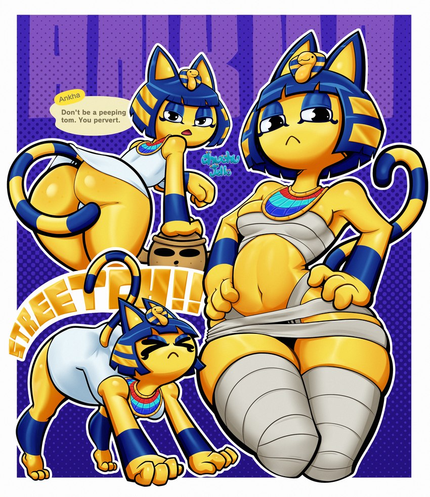 all_fours anthro blue_hair bob_cut butt female frown hair hands_on_hips multiple_poses pose rear_view solo text uraeus yellow_body chuchujello animal_crossing nintendo ankha_(animal_crossing) domestic_cat felid feline felis mammal absurd_res digital_media_(artwork) english_text hi_res