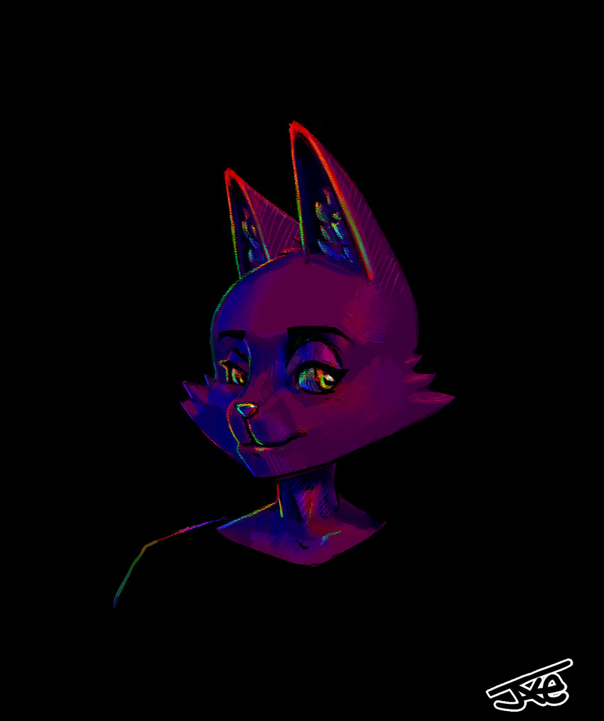 :3 ambiguous_gender anthro biped black_background black_clothing black_shirt black_topwear cheek_tuft clothed clothing dark facial_tuft fully_clothed half-closed_eyes looking_at_viewer multicolored_eyes multicolored_outline narrowed_eyes outline purple_body shirt simple_background solo topwear tuft jakiebean canid canine fox mammal bust_portrait colorful_theme digital_media_(artwork) hi_res portrait restricted_palette signature