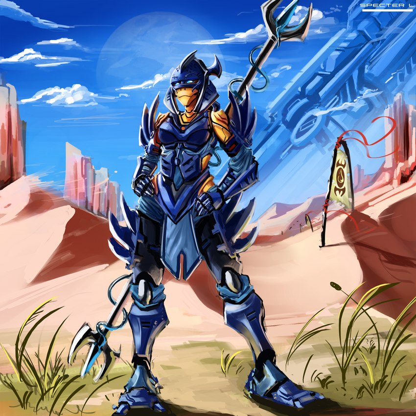 armor banner biped blue_eyes breasts clothed clothing cloud cybernetics desert detailed_background female fingers grass hands_on_hips headgear helmet landscape looking_at_viewer machine melee_weapon mountain not_furry outside plant polearm robotics rock rock_formation sky solo spear staff standing string text topwear weapon yellow_body specter_l bionicle lego kiina biomechanical cyborg glatorian humanoid mammal 1:1 2021 absurd_res digital_drawing_(artwork) digital_media_(artwork) english_text hi_res