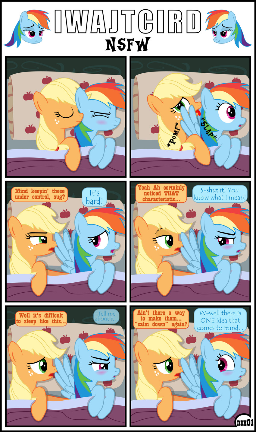 base_three_layout blonde_hair blue_body dialogue duo female feral grid_layout hair multicolored_hair orange_body rainbow_hair six_frame_grid six_frame_image text three_row_layout gutovi-kun friendship_is_magic hasbro my_little_pony applejack_(mlp) rainbow_dash_(mlp) equid mammal absurd_res comic english_text hi_res