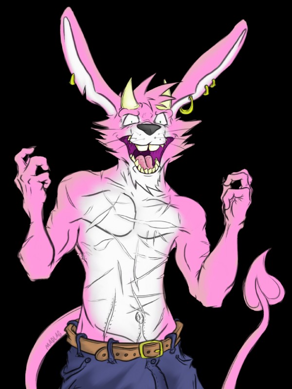 3_fingers anthro athletic biceps buckteeth claws clothed clothing ear_piercing fangs fingers fur grin horn long_ears looking_at_viewer male markings muscular muscular_anthro muscular_male navel open_mouth pecs piercing pink_body pink_fur pose scar smile solo spade_tail standing tail teeth tongue topless madlag demon lagomorph leporid mammal rabbit 2018 alpha_channel digital_drawing_(artwork) digital_media_(artwork) hi_res portrait signature