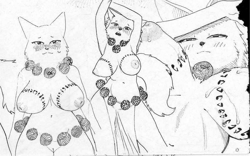 aged_down anthro areola big_breasts biped blush bodily_fluids breast_markings breasts female genitals inverted_nipples jewelry looking_at_viewer markings necklace nipples pussy raised_arms solo sweat waist_accessory realius bakki_(realius) canid canine fox mammal hi_res monochrome