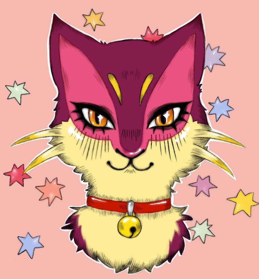 bell bell_collar collar female fur looking_at_viewer outline simple_background smile smiling_at_viewer solo star origam1noxy nintendo pokemon red_felyne felid generation_5_pokemon liepard mammal pokemon_(species) shiny_pokemon headshot_portrait hi_res portrait