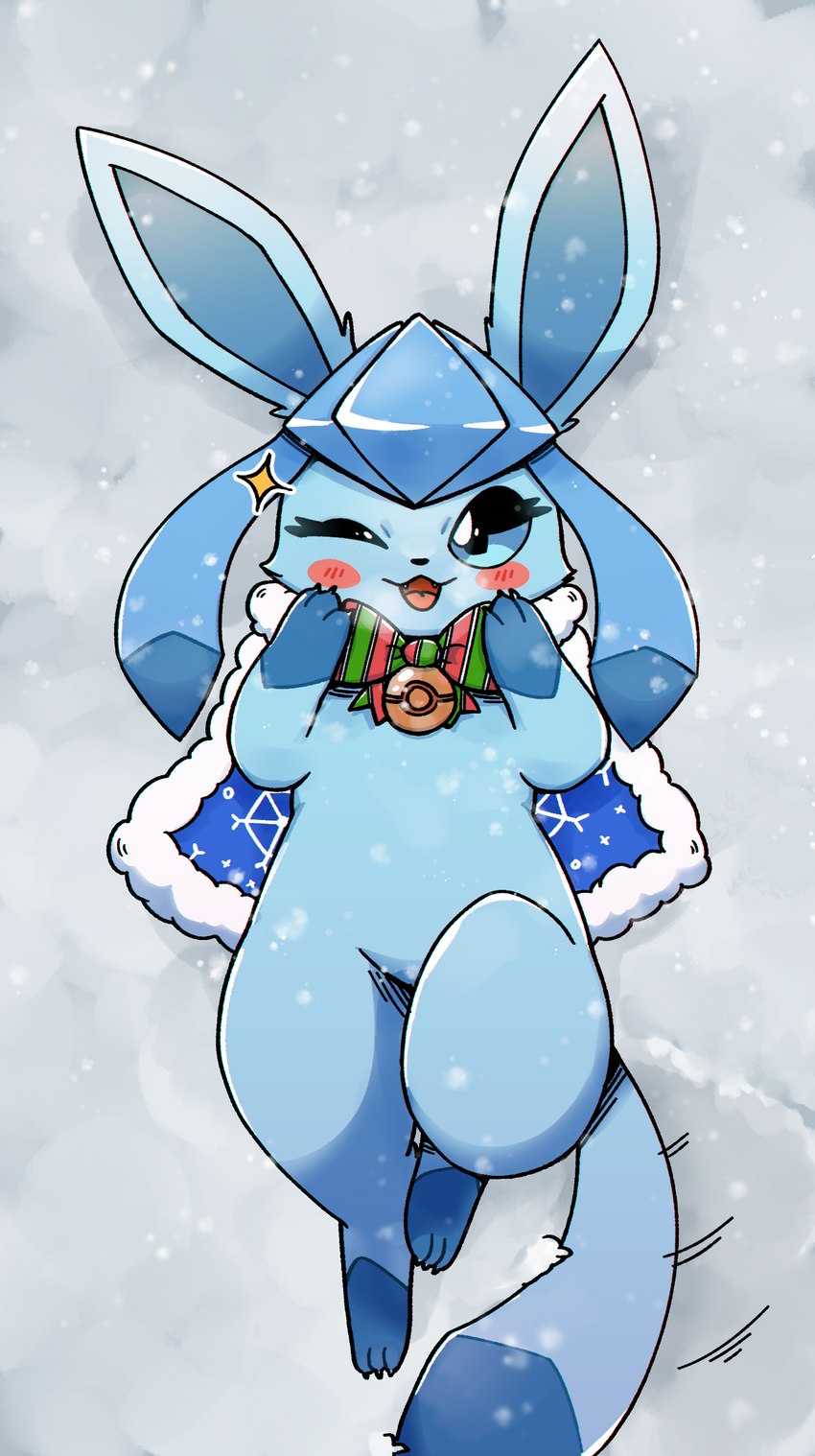 ambiguous_gender blue_body blush blush_lines clothing featureless_crotch feral fluffy_ears forepaw_on_face holidays kemono looking_at_viewer lying open_mouth pokeball robe snow snowing solo tail park_horang christmas nintendo pokemon eeveelution generation_4_pokemon glaceon pokemon_(species) 2021 absurd_res hi_res