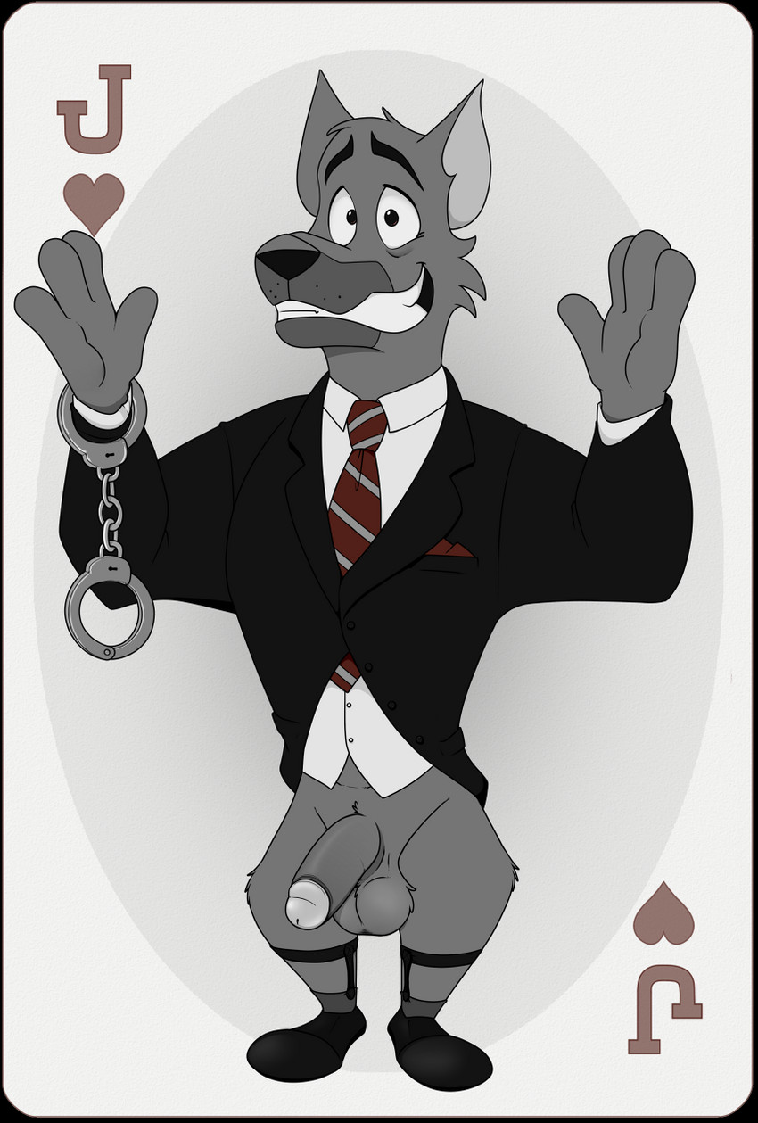 anthro balls big_balls big_penis black_tie_(suit) bottomless card card_template clothed clothing cuff_(restraint) fur genitals handcuffs heart_symbol hearts_(suit) humanoid_genitalia humanoid_penis jack_of_hearts looking_at_viewer male metal_cuffs muscular muscular_anthro muscular_male necktie penis playing_card playing_card_template restraints shackles simple_background smile sock_garters solo suit teeth topwear neenya dog_city ace_hart canid canine canis domestic_dog german_shepherd herding_dog mammal pastoral_dog hi_res