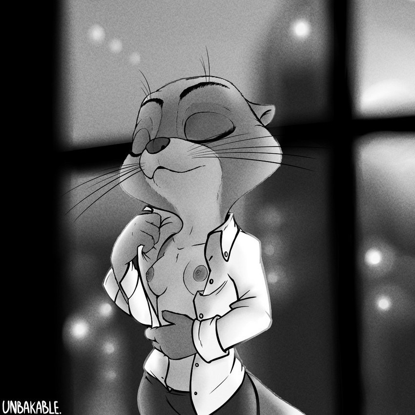 anthro areola breasts clothing eyes_closed female nipples small_breasts solo undressing unbakable disney zootopia sam_(zootopia) mammal mustelid otter 1:1 hi_res monochrome watermark