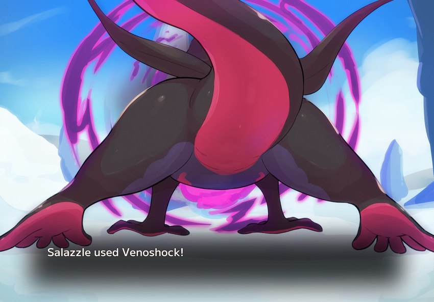 ambiguous_gender black_body butt butt_focus countershading day detailed_background faceless_ambiguous faceless_character faceless_feral featureless_crotch feet feral gameplay_mechanics hindpaw outside paws rear_view solo standing tail tailbutt text thick_tail wide_crotch sukiya nintendo pokemon generation_7_pokemon pokemon_(species) salazzle 2023 alternate_version_at_source digital_media_(artwork) english_text hi_res