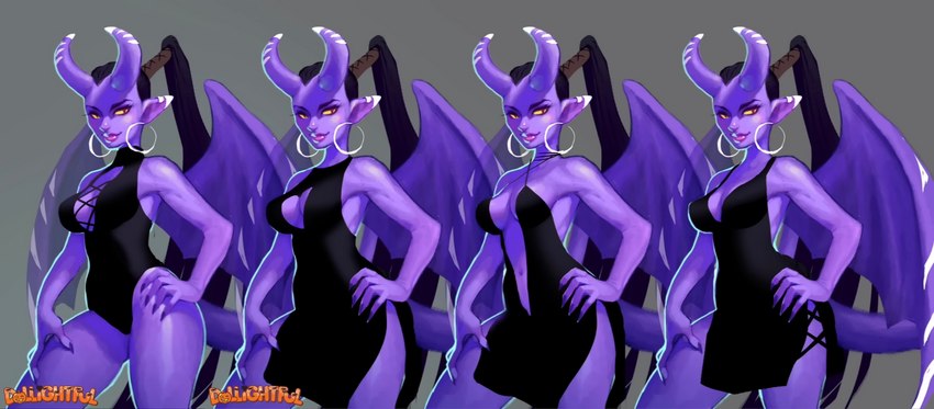 2_horns black_hair breasts claws cleavage cleavage_cutout clothed clothing cutout dress ear_piercing ear_ring female fully_clothed hair hoop_ear_ring horn humanoid_pointy_ears leotard long_hair membrane_(anatomy) one-piece_swimsuit piercing pointy_ears ponytail pose purple_body purple_skin ring_piercing solo swimwear tail wings katherine_murray zura_(dollightful) demon demon_humanoid horned_humanoid humanoid succubus tailed_humanoid winged_humanoid hi_res