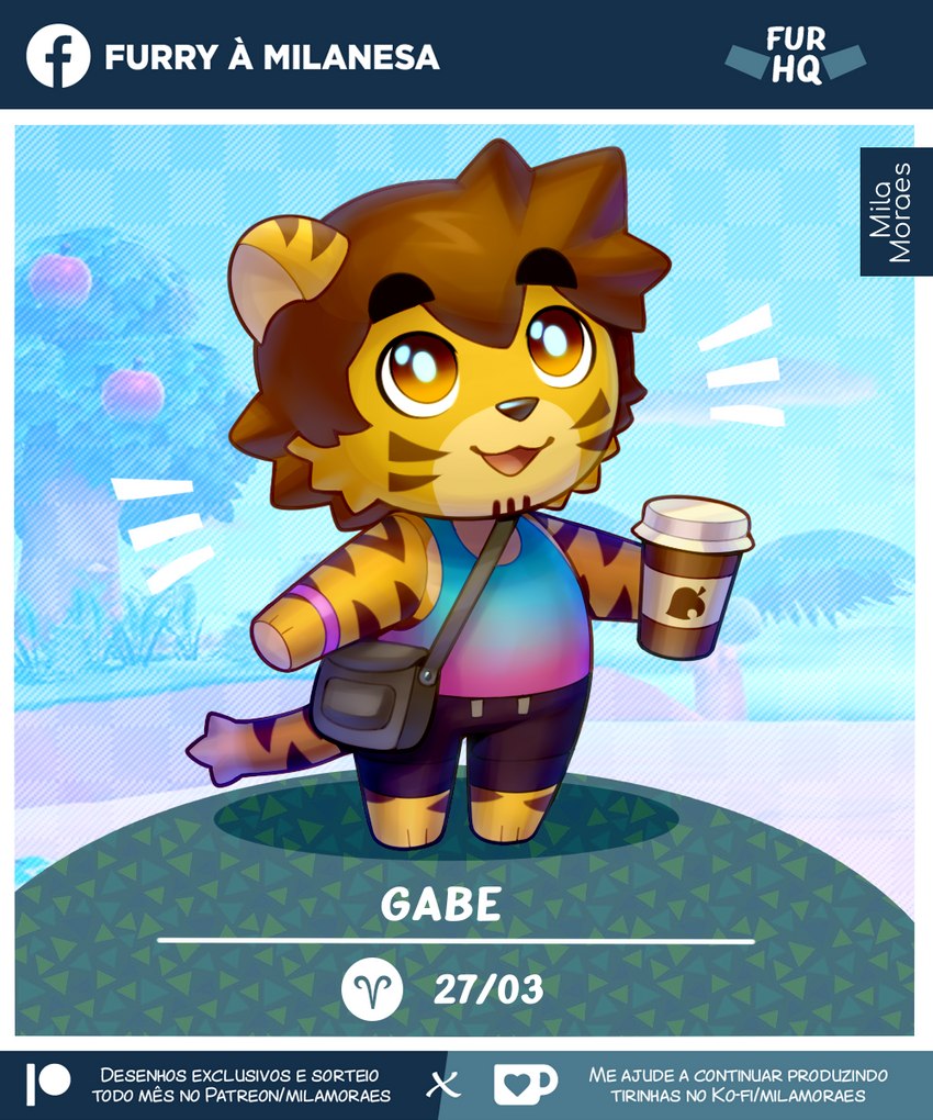 anthro aries_(symbol) astrological_symbol bag beverage bottomwear bracelet brown_hair cheek_stripes chibi clothed clothing container cup date_celebration feet fur hair hotpants jewelry male open_mouth overweight overweight_male shirt shorts slightly_chubby slightly_chubby_anthro slightly_chubby_male smile solo symbol tail tank_top text topwear western_zodiac_symbol mila.moraes animal_crossing nintendo western_zodiac gabe_(mytigertail) villager_(animal_crossing) felid feline mammal pantherine tiger 5:6 digital_media_(artwork) hi_res pictographics